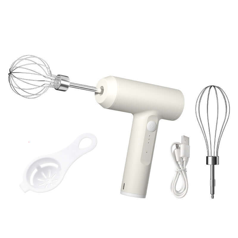 Cordless electric hand mixer with two whisk attachments, USB charging cable, and egg separator.
