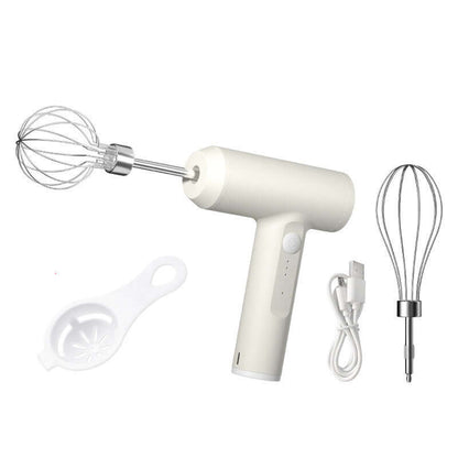 Cordless electric hand mixer with two whisk attachments, USB charging cable, and egg separator.