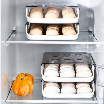 Stackable plastic egg holders in a refrigerator with pumpkins on the shelf