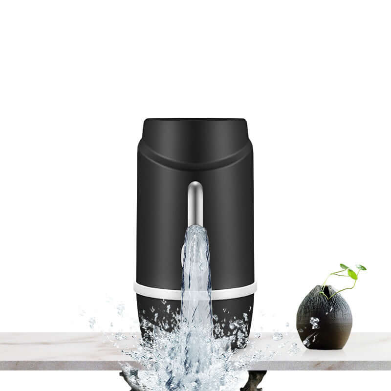 Electric water dispenser pouring water on kitchen counter, small plant beside