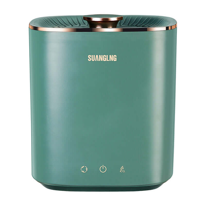 Green kitchen appliance with control icons, modern countertop utensil sterilizer