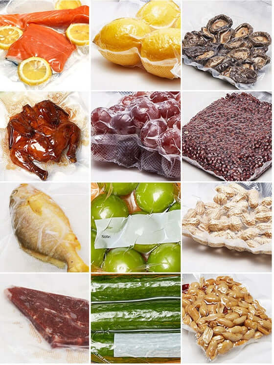 Assorted foods like fish, fruit, vegetables, meat, and nuts sealed in vacuum storage bags
