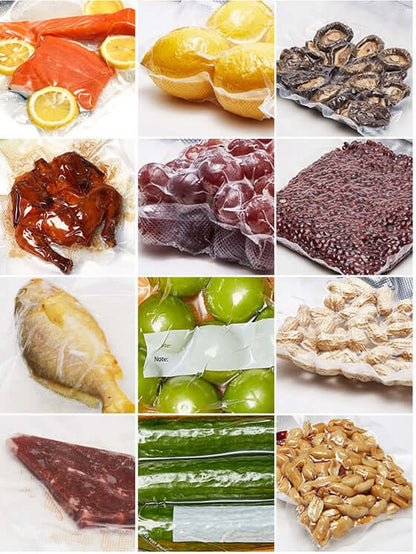 Assorted foods like fish, fruit, vegetables, meat, and nuts sealed in vacuum storage bags