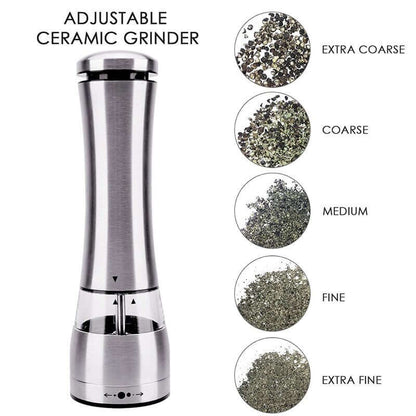 Stainless steel adjustable ceramic grinder with five grind settings from extra coarse to extra fine