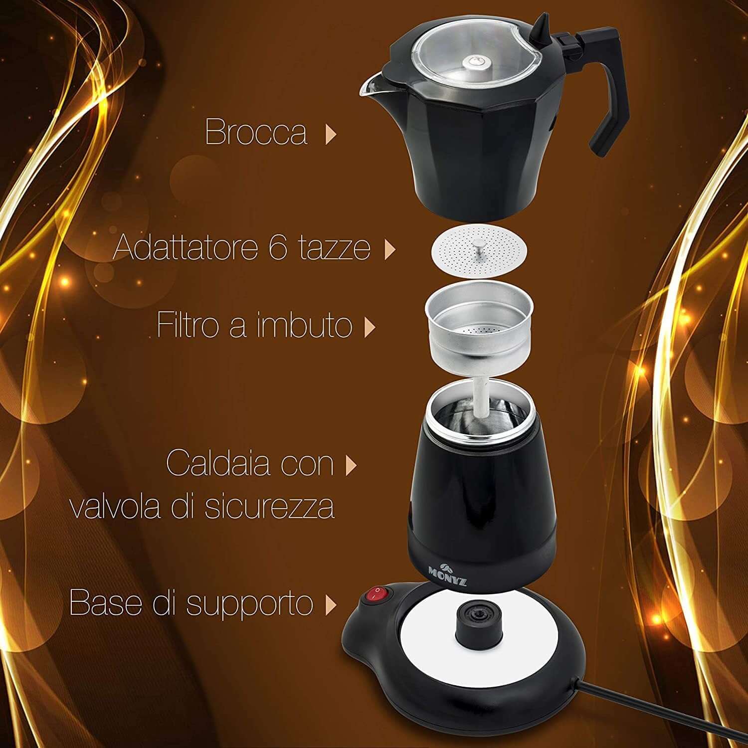 Electric moka pot with labeled parts: jug, 6-cup adapter, funnel filter, boiler, and base.