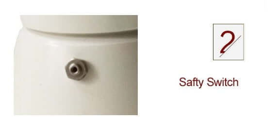 Close-up of kitchen appliance safety switch feature, white finish, labeled &
