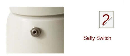 Close-up of kitchen appliance safety switch feature, white finish, labeled &