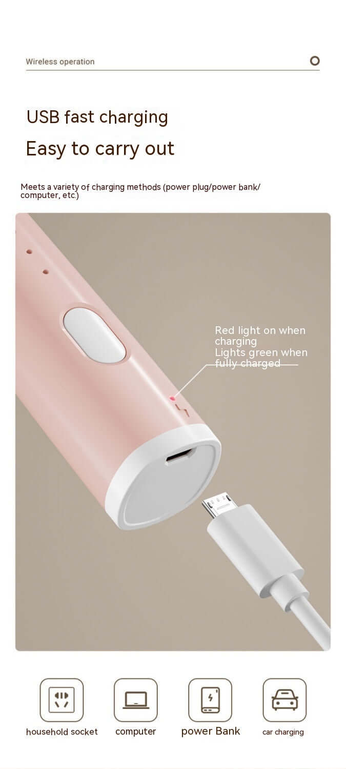 Pink handheld kitchen gadget with USB charging port, USB cable, and charging indicators.