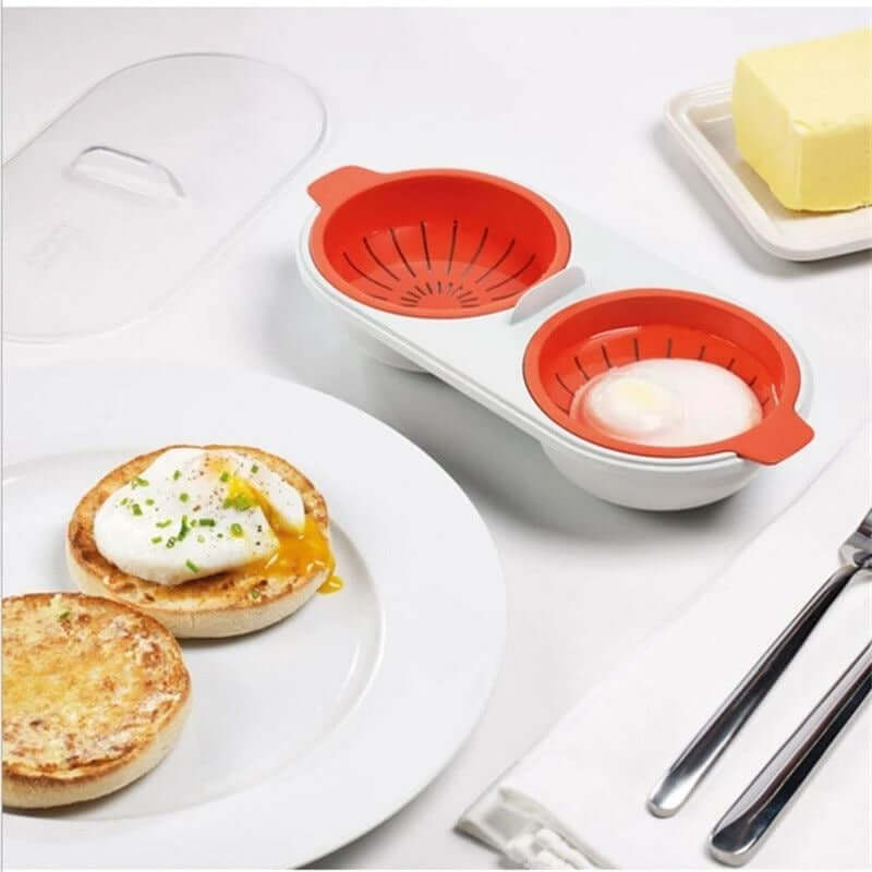 Microwave egg poacher kitchen accessory with poached eggs on English muffin