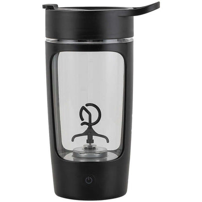 Portable electric protein shaker bottle with black lid and built-in mixing blade