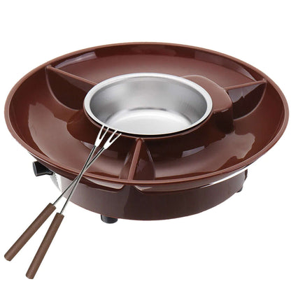 Brown electric fondue pot with divided tray, stainless bowl, and two fondue forks