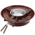 Brown electric fondue pot with divided tray, stainless bowl, and two fondue forks