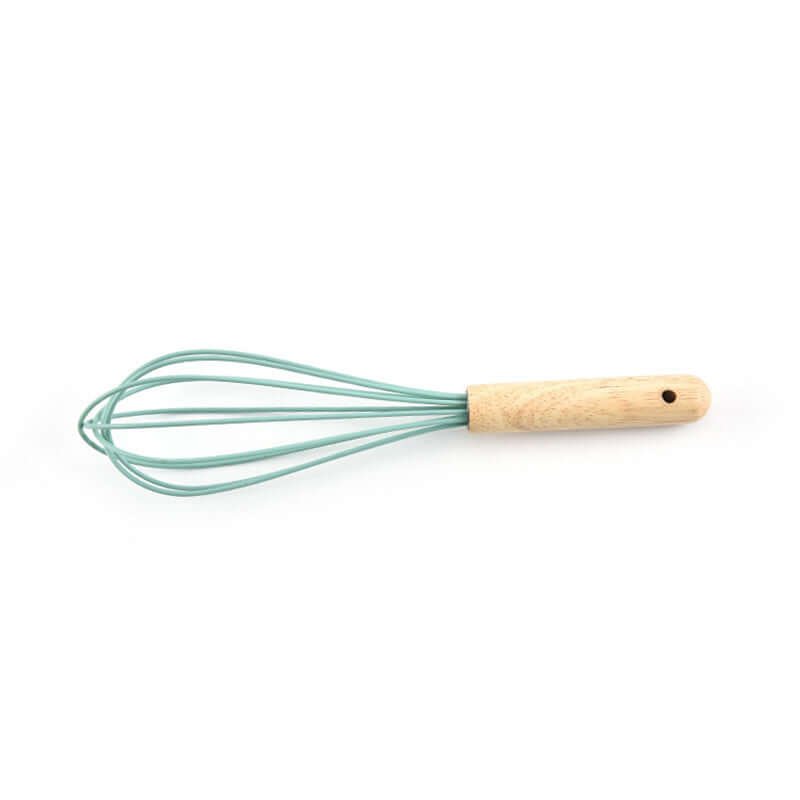 Silicone kitchen whisk with light blue wires and wooden handle on white background