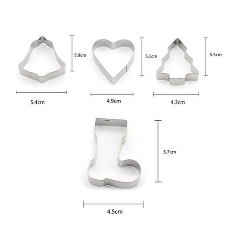 Set of stainless steel Christmas cookie cutters with bell, heart, tree, and stocking shapes, measured.