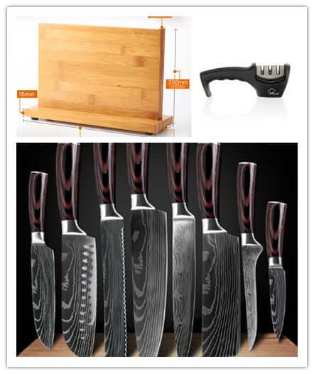 Knife set with wooden knife block, sharpener, and seven kitchen knives with patterned blades.