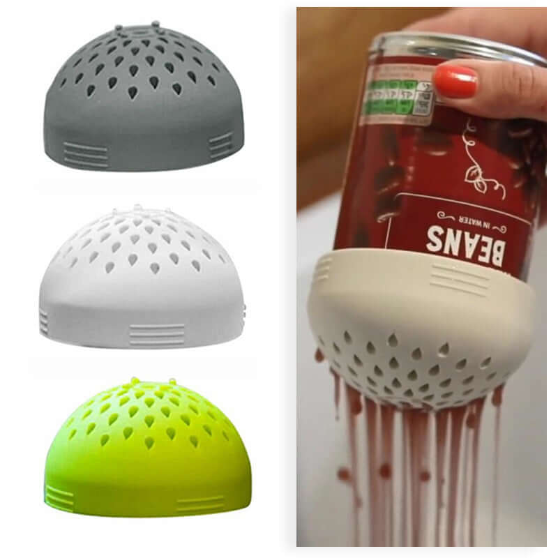 Silicone can strainer in gray, white, green shown draining liquid from a bean can, kitchen accessory