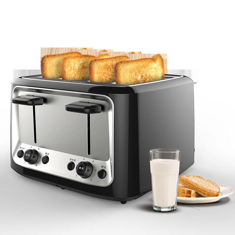 Black four-slice toaster with toasted bread, glass of milk, and plate of toast on counter