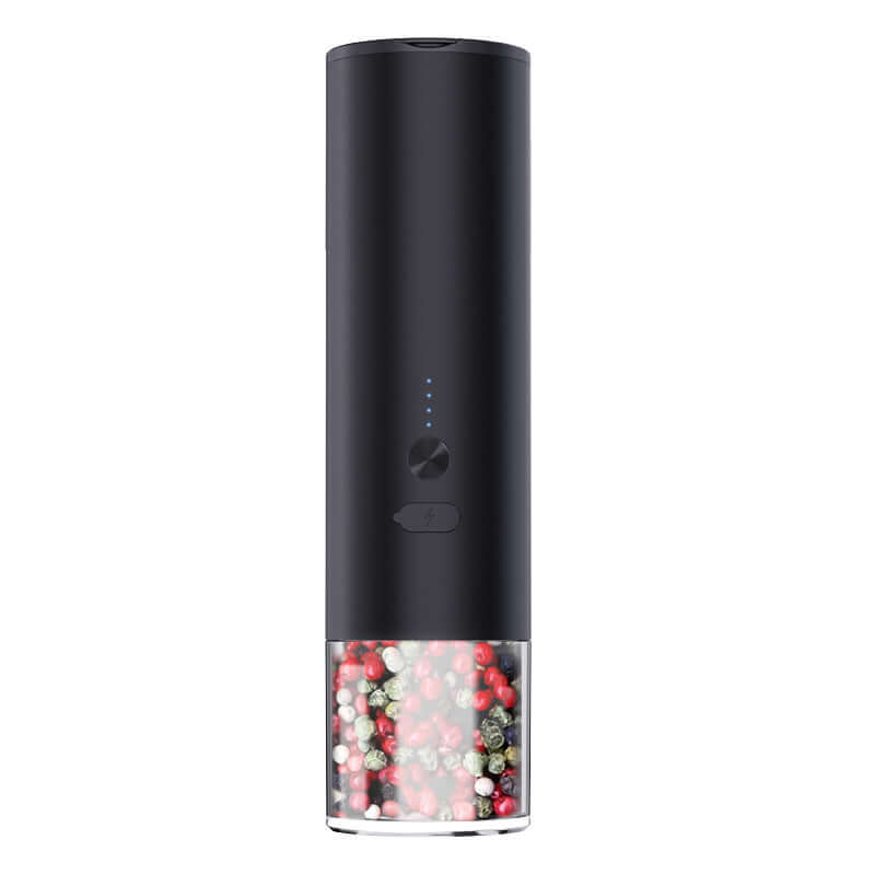 Electric black pepper grinder with LED lights, filled with mixed peppercorns