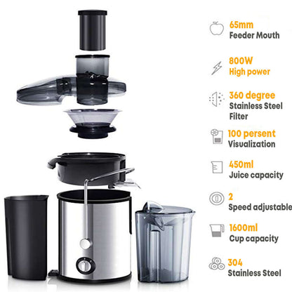 Stainless steel juicer machine parts with 65mm feeder, 800W power, and clear juice cup.