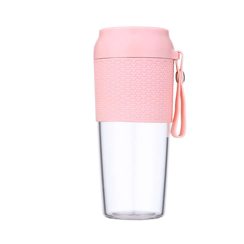 pink travel mug with textured grip and strap, reusable plastic tumbler for drinks