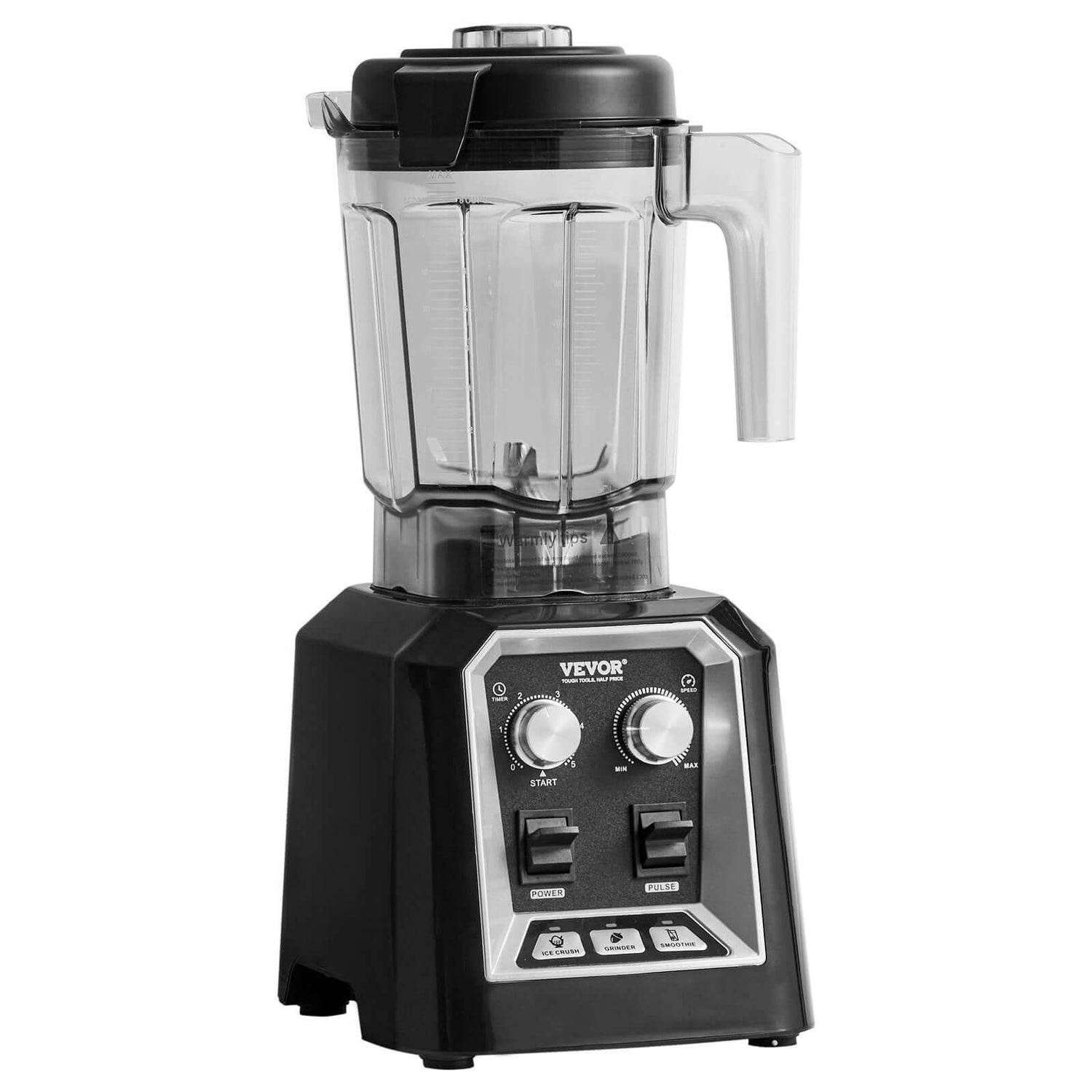 High-power countertop blender with clear pitcher, black base, control knobs, and labeled buttons