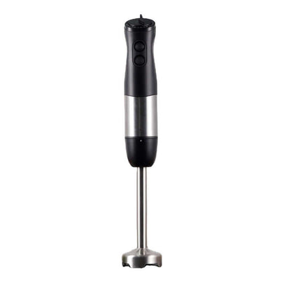 Black and silver handheld immersion blender, stainless steel stick mixer on white background