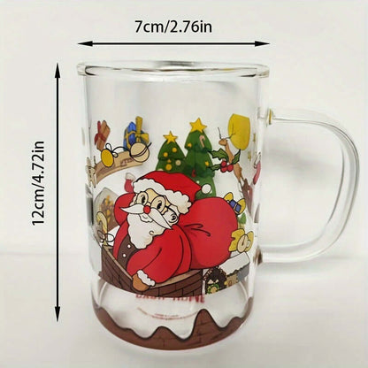 Clear glass mug with cartoon Santa, Christmas tree, reindeer, and presents, 12cm tall, 7cm wide