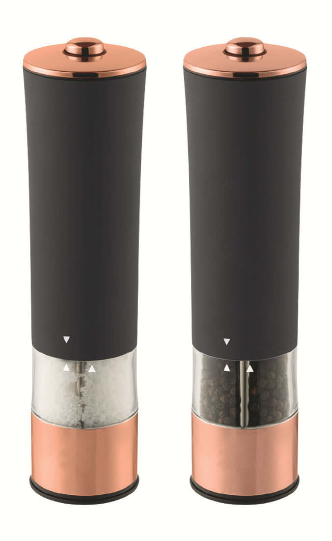 Modern salt and pepper grinder set with black and copper finish kitchen accessories