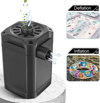 Black electric air pump for inflating pool toys and deflating vacuum storage bags