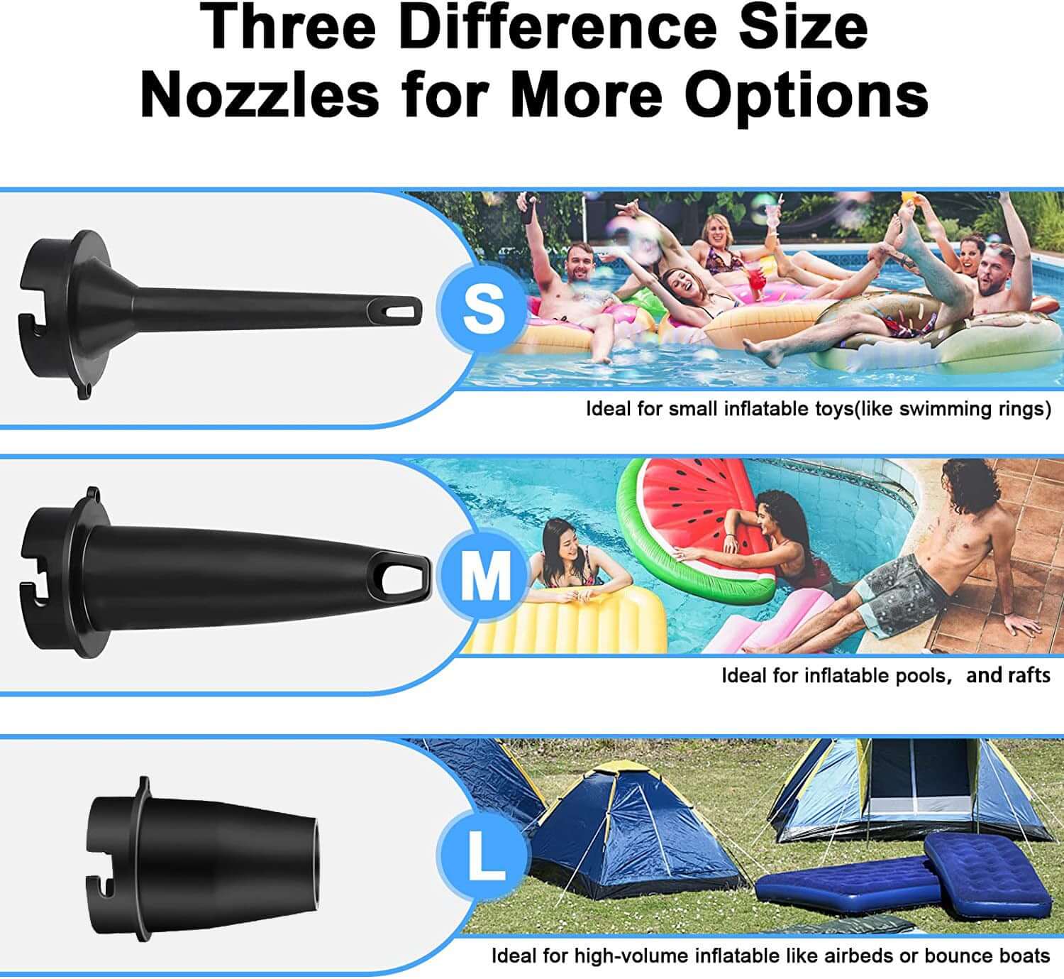 Three black air pump nozzles in small, medium, and large sizes for inflating pool toys, floats, and airbeds.