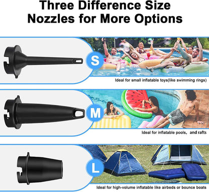 Three black air pump nozzles in small, medium, and large sizes for inflating pool toys, floats, and airbeds.