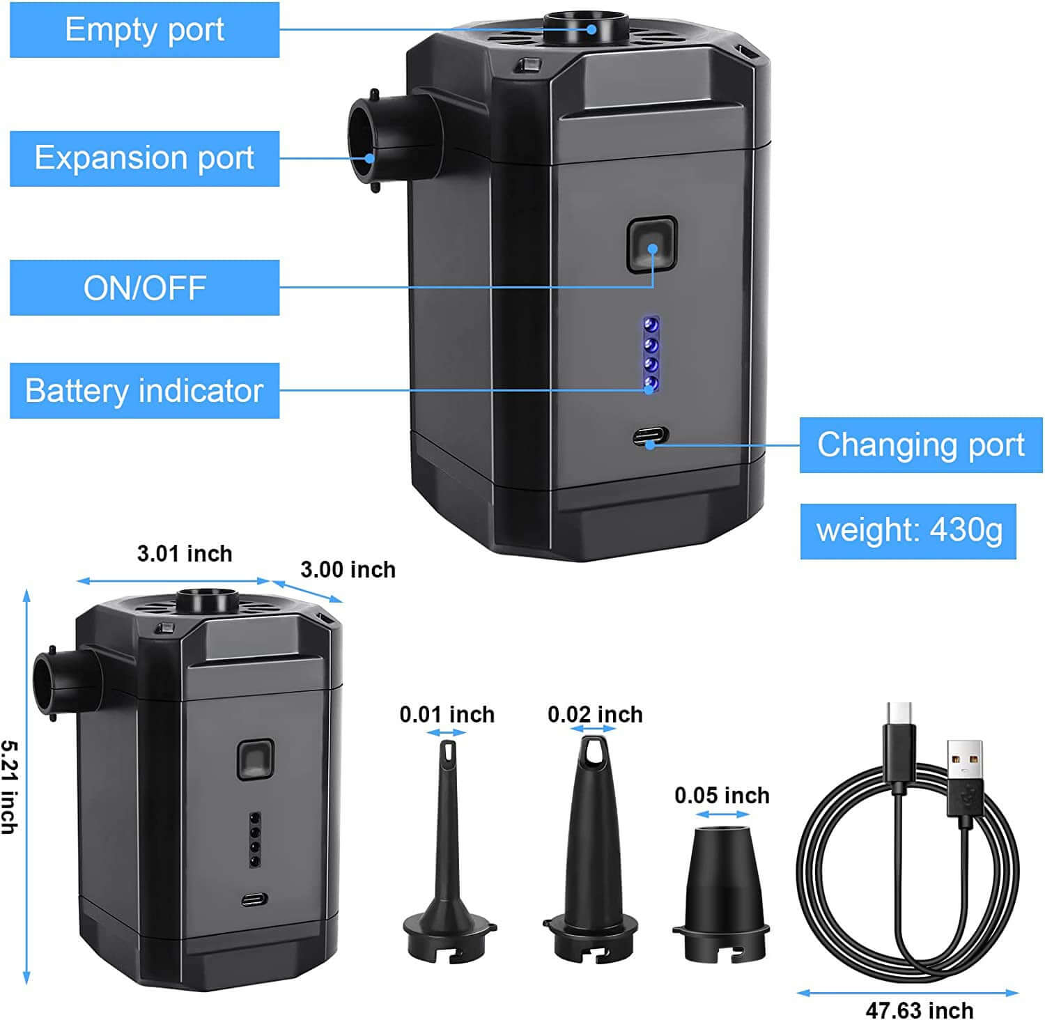Rechargeable electric air pump for kitchen use with labeled ports, USB cable, and nozzles.