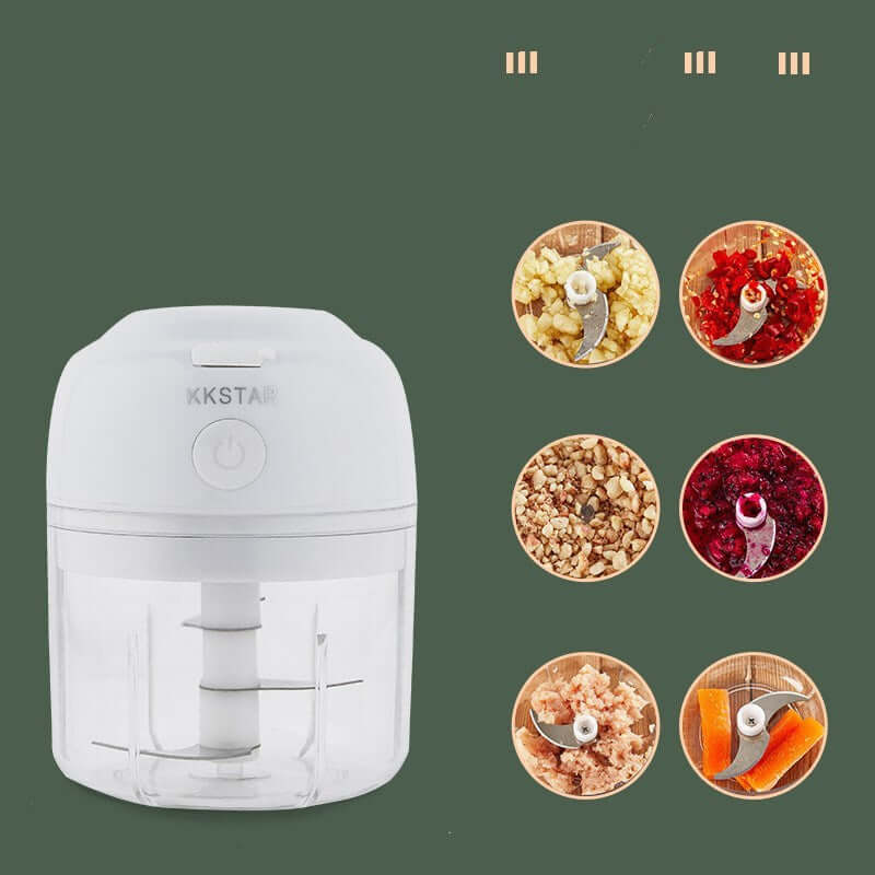 Electric food chopper with stainless steel blades and chopped vegetables, nuts, and fruits
