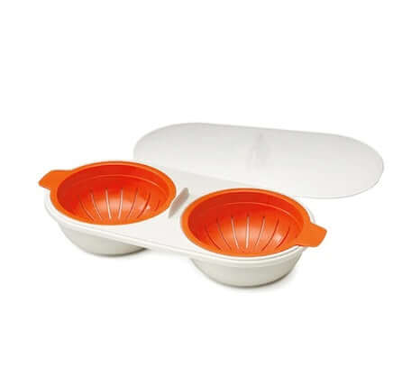 Double microwave egg poacher with orange inserts and white lid on a white background