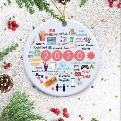2020 themed Christmas ornament with pandemic icons, text, pinecones, and festive decor