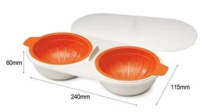Double microwave egg poacher with orange cups, white lid, and size dimensions labeled.