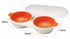 Double microwave egg poacher with orange cups, white lid, and size dimensions labeled.