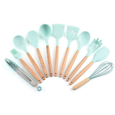 Silicone 11Pcs Kitchen Cooking Utensil Set  Non-stick Spatula Heat Resistant Wooden Handle