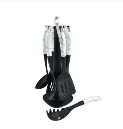 Black kitchen utensil set with white marble handles and holder, includes spatulas and spoons