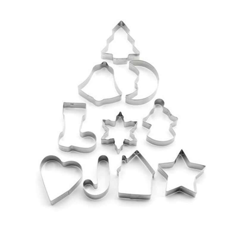 Set of stainless steel holiday cookie cutters in festive shapes on white background