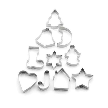 Set of stainless steel holiday cookie cutters in festive shapes on white background