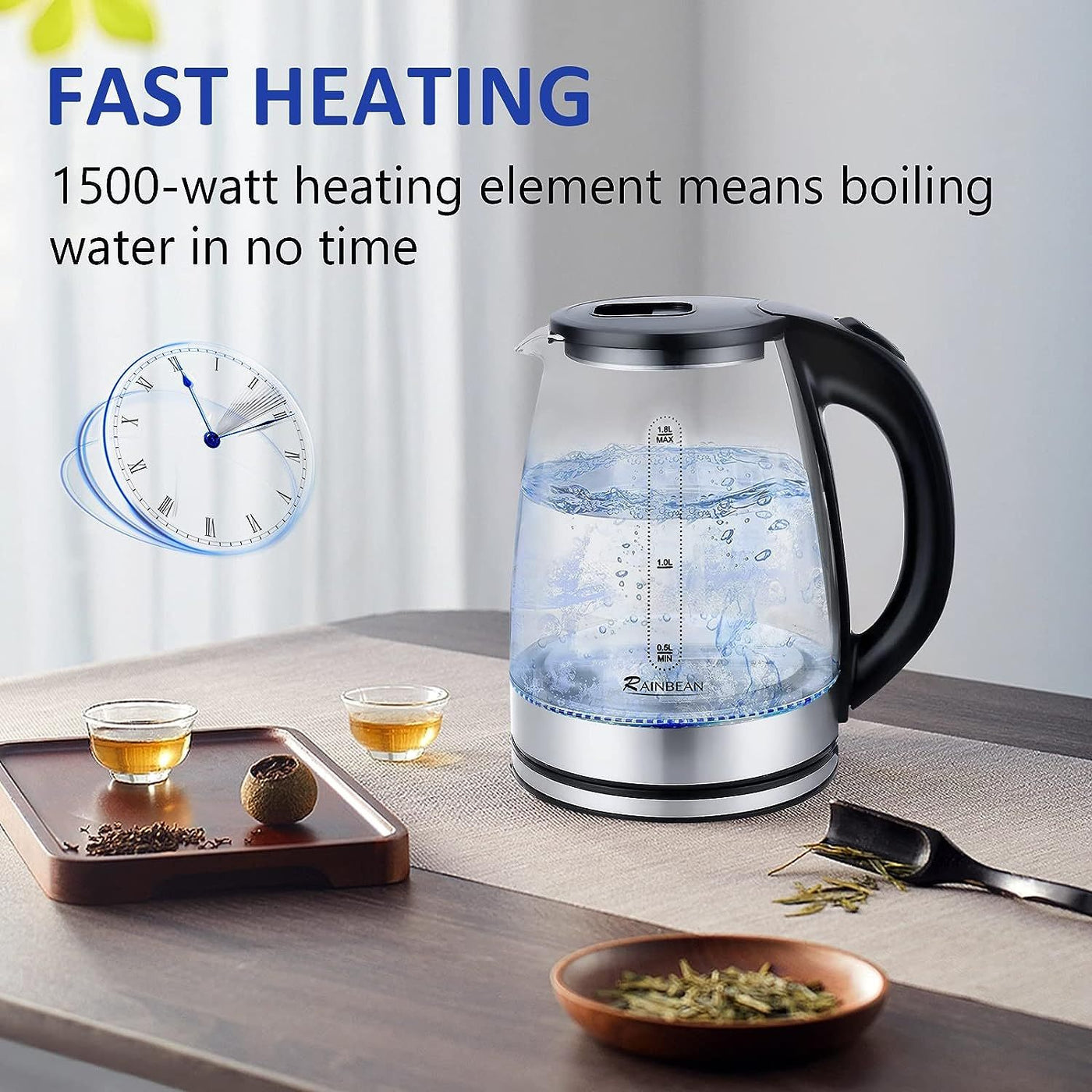 Electric Water Kettle - 1.8L With LED Light, Auto Shut-Off & Boil Dry Protection, Glass Black