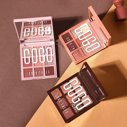 Three GOGO TALES eyeshadow palettes with neutral and shimmer shades on a brown background