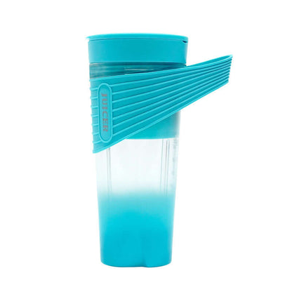 Blue plastic juicer bottle with lid and ribbed handle, kitchen accessory on white background