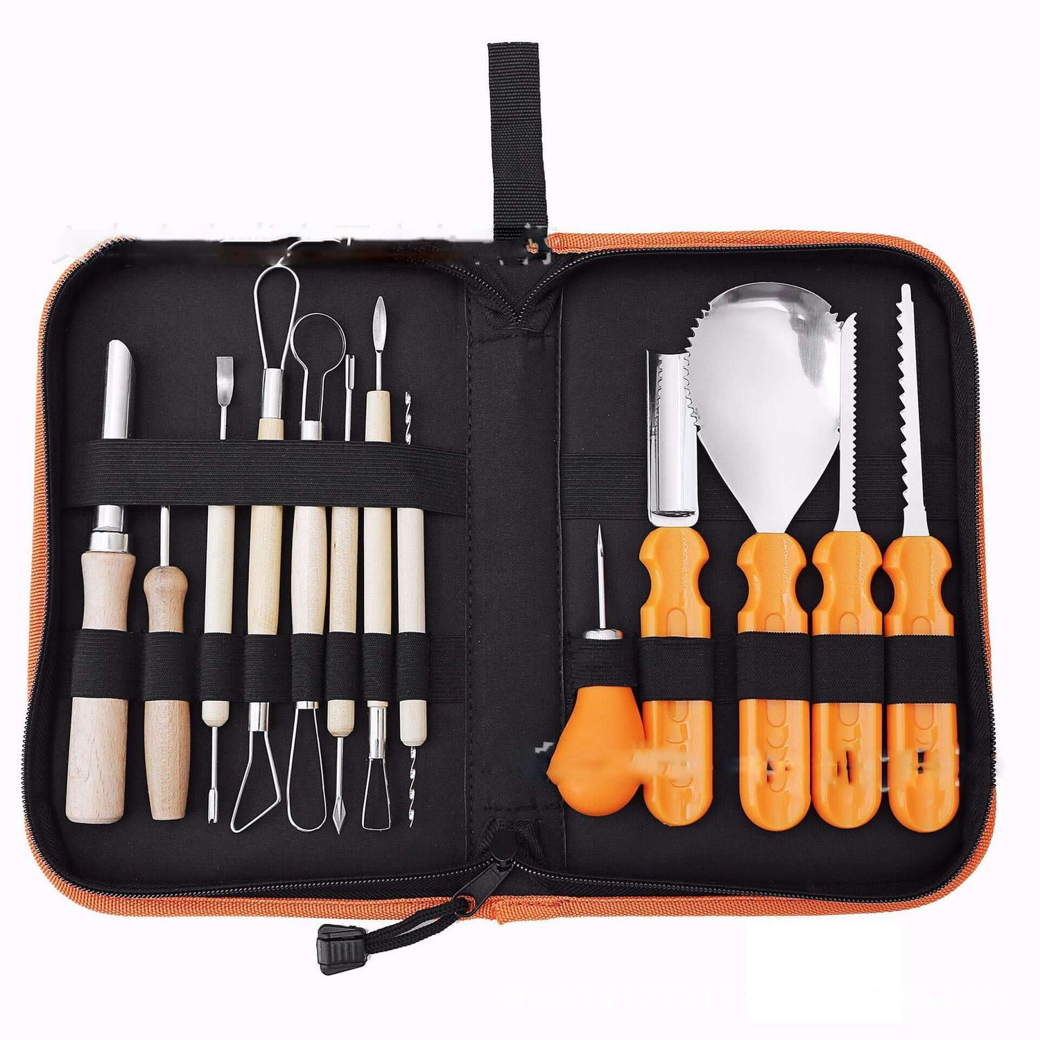 Carving and sculpting kitchen utensil set with wooden and orange handles in a zippered case