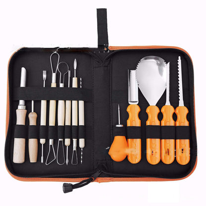 Carving and sculpting kitchen utensil set with wooden and orange handles in a zippered case