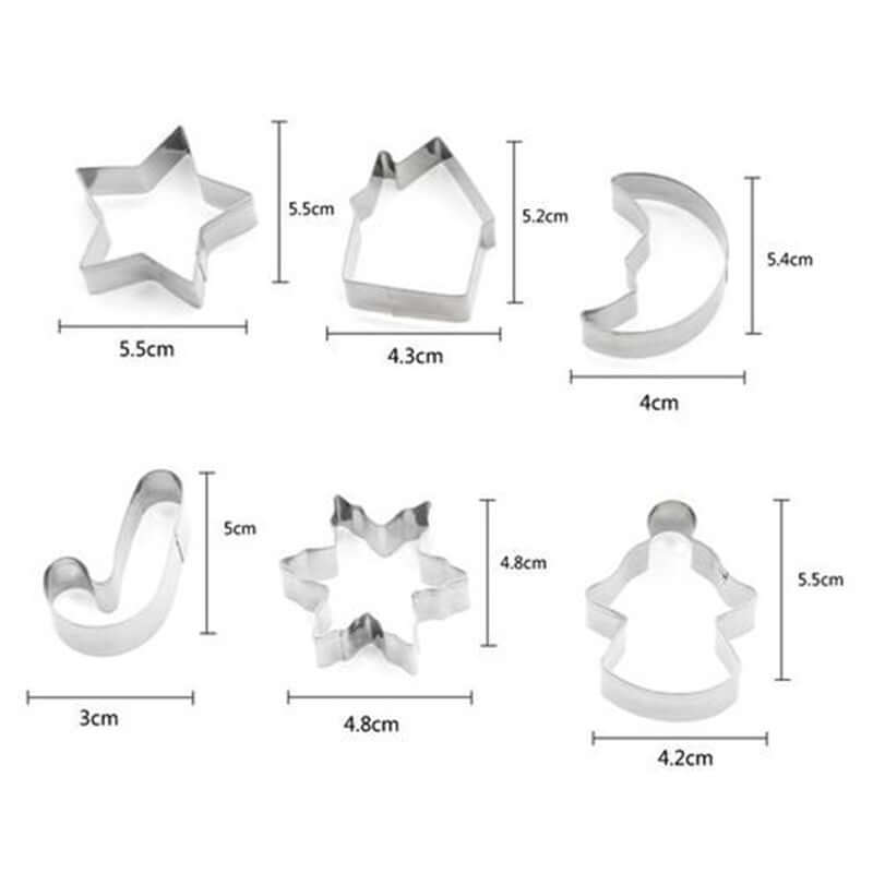 Set of six stainless steel cookie cutters in assorted shapes with measurements, ideal for baking.