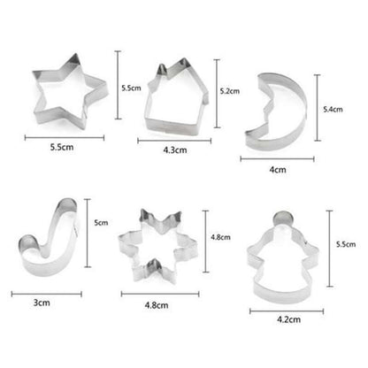 Set of six stainless steel cookie cutters in assorted shapes with measurements, ideal for baking.