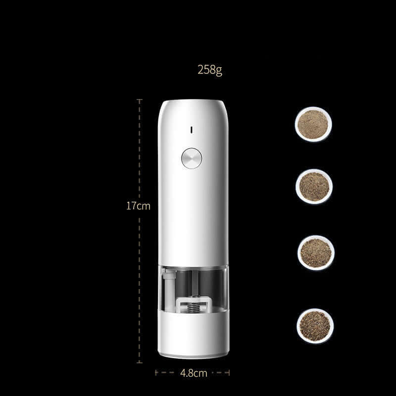 Electric salt and pepper grinder, white, with size and weight shown, four ground spice options