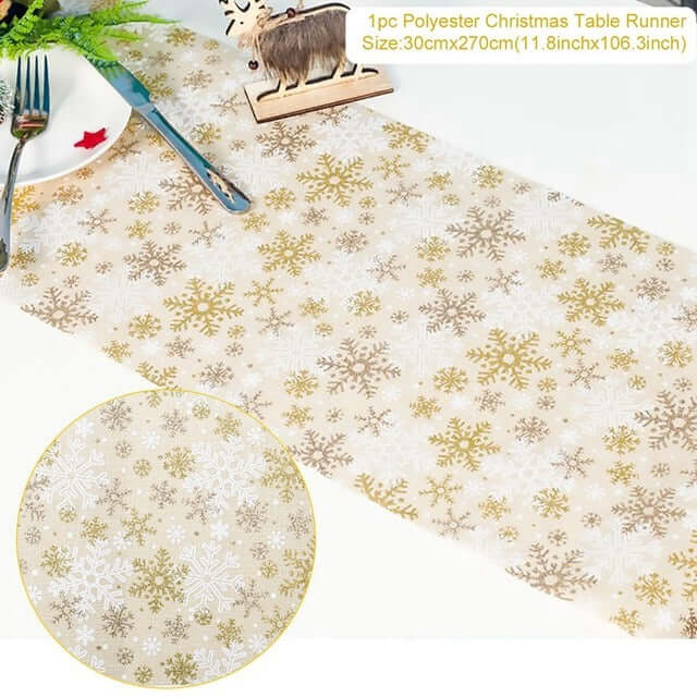 Polyester Christmas table runner with gold and white snowflake pattern, festive table setting